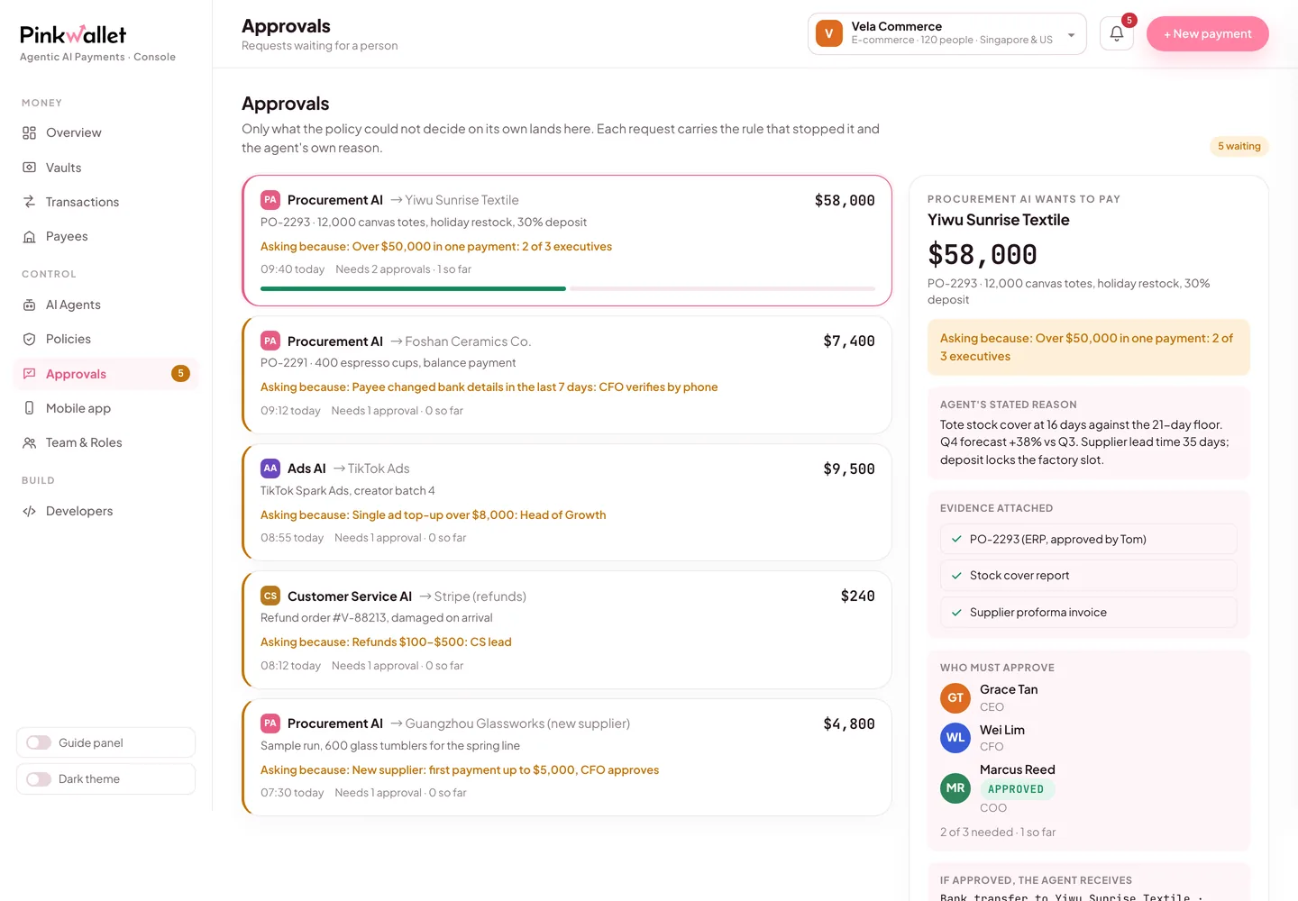 Approvals in the console: the rule that stopped the request, the agent's reason, the evidence