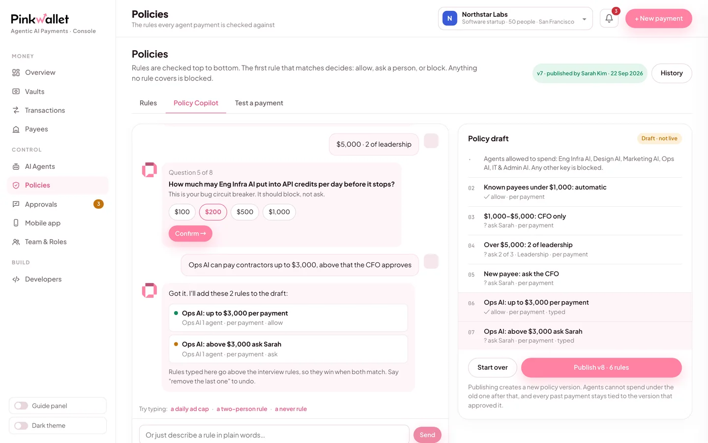 Policy Copilot: a chat that asks six to eight questions and turns a typed sentence into two rules, with the policy draft building on the right
