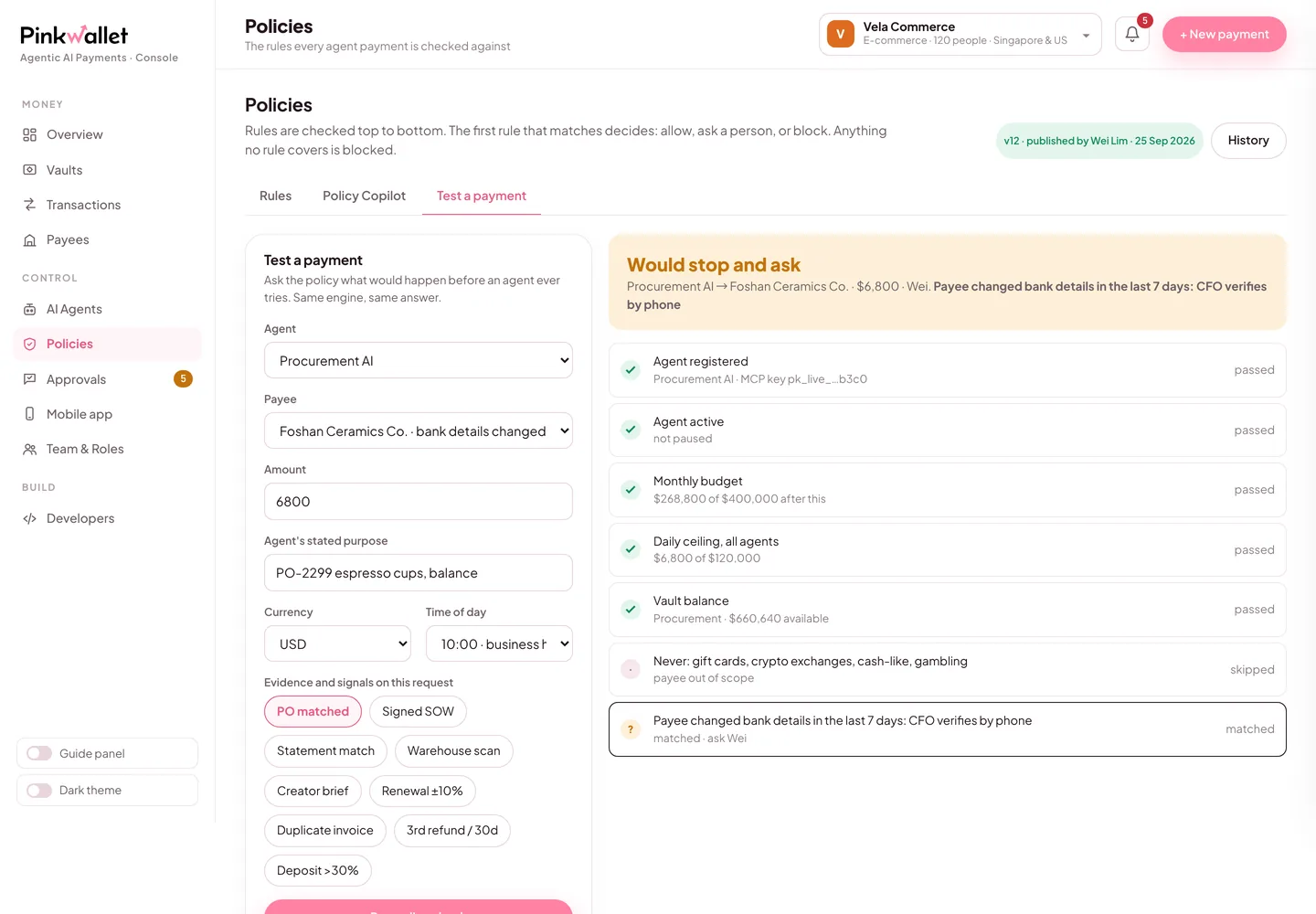 Test a payment: a dry run showing the decision path step by step, ending in ask the CFO because the payee changed bank details