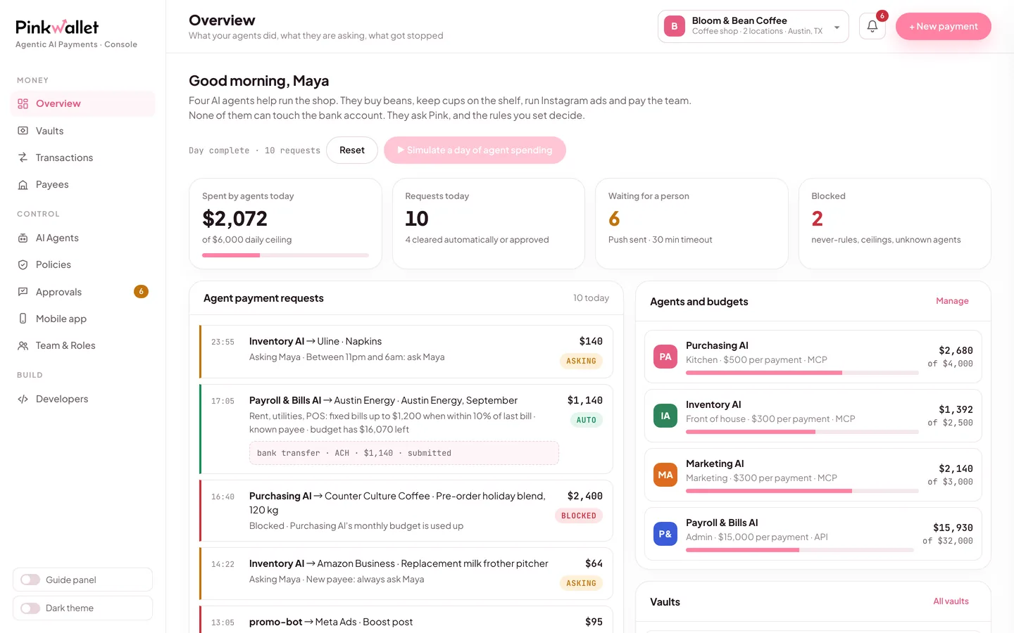 Pink console overview: a day of agent payment requests, each allowed, asked or blocked with its reason, next to every agent's budget