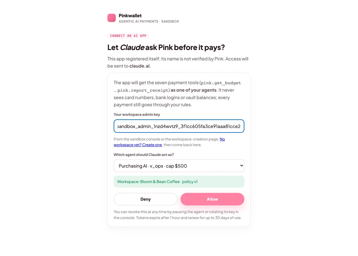 Pink's sign-in page: admin key, agent selector, Allow and Deny