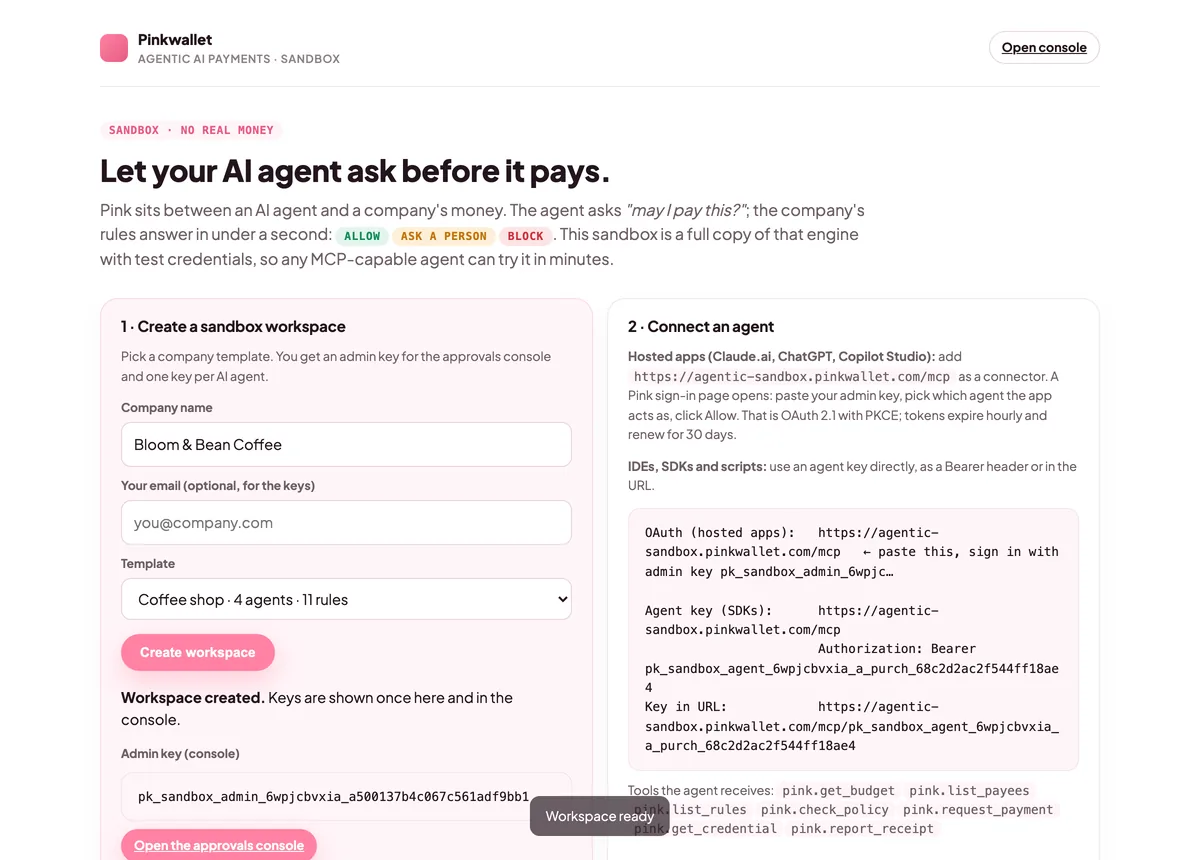 After creating a workspace: the admin key and one key per agent are shown once